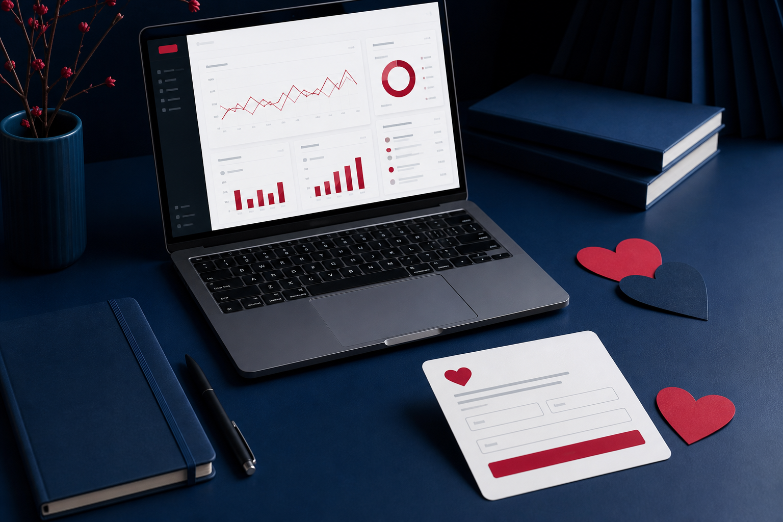 Paid social dashboard and donation form still life in KMAAC colors