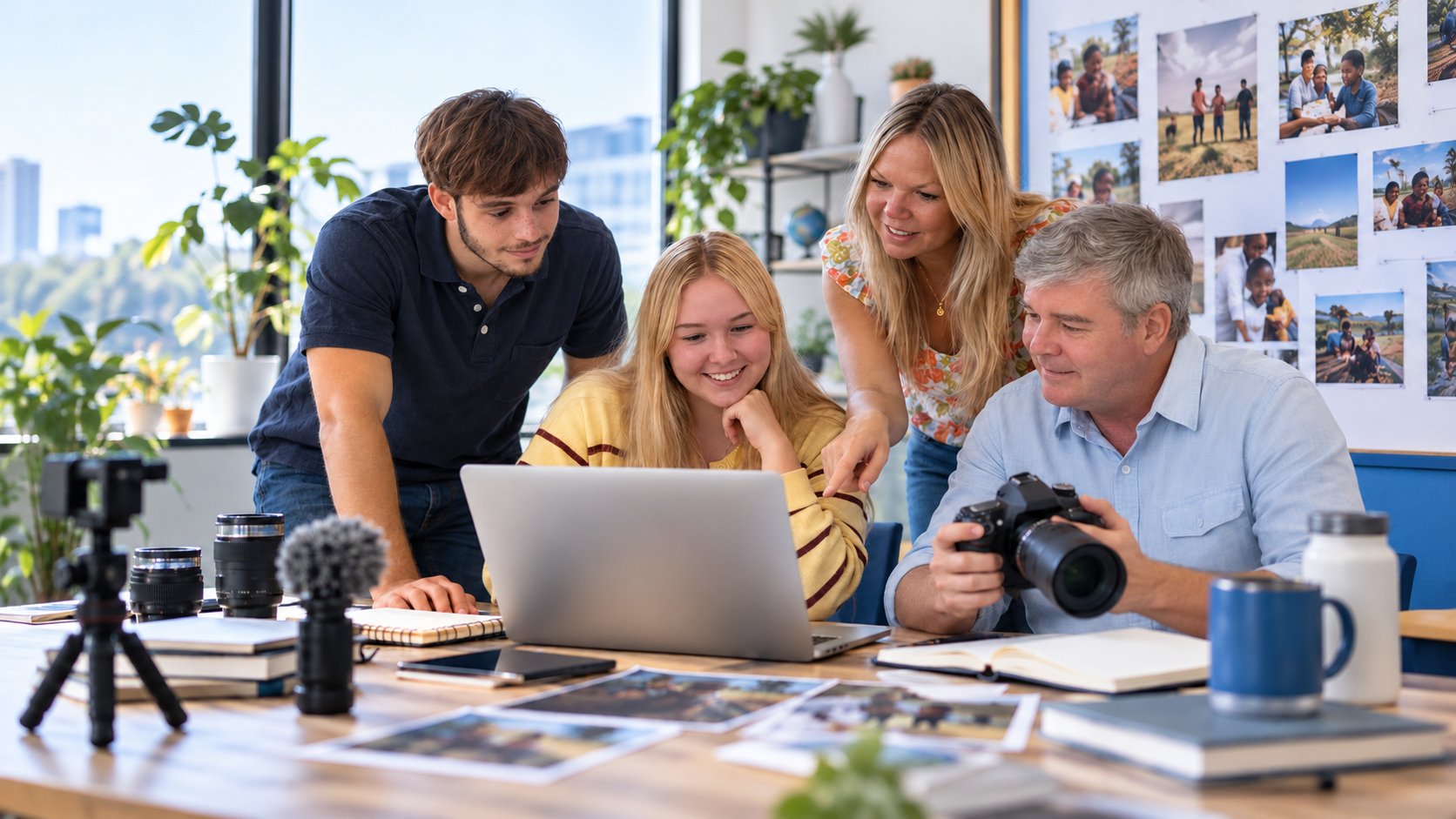 Creative team collaborating on nonprofit social media content and storytelling